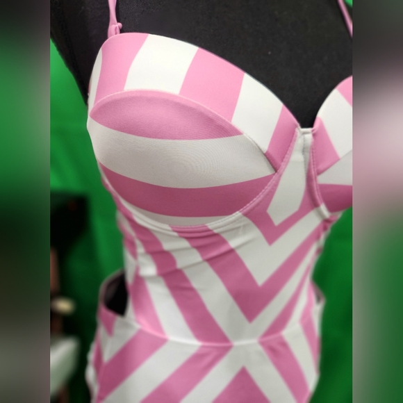 new pink and white stripe bathing suit swimsuit size xl pinup 50s retro barbie - Picture 2 of 11